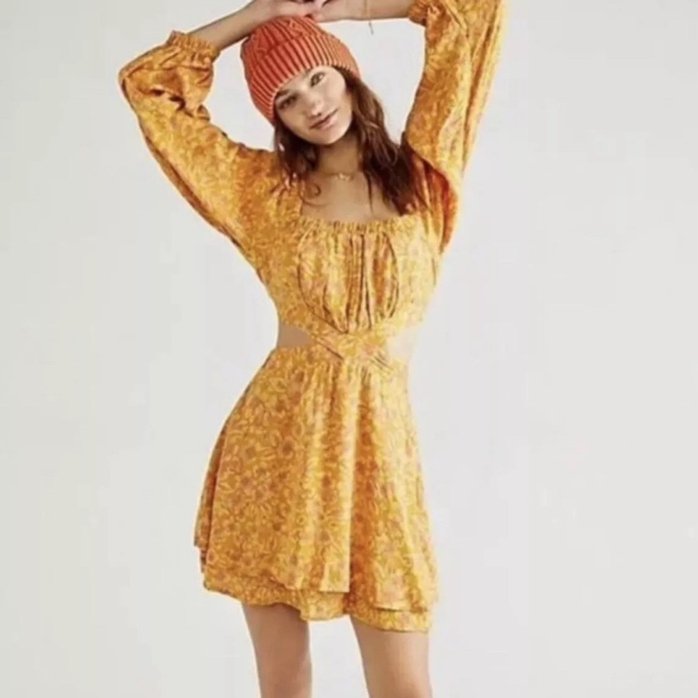 Free People Jael Cutout Mini Dress Golden Yellow Motif Floral Long Sleeve